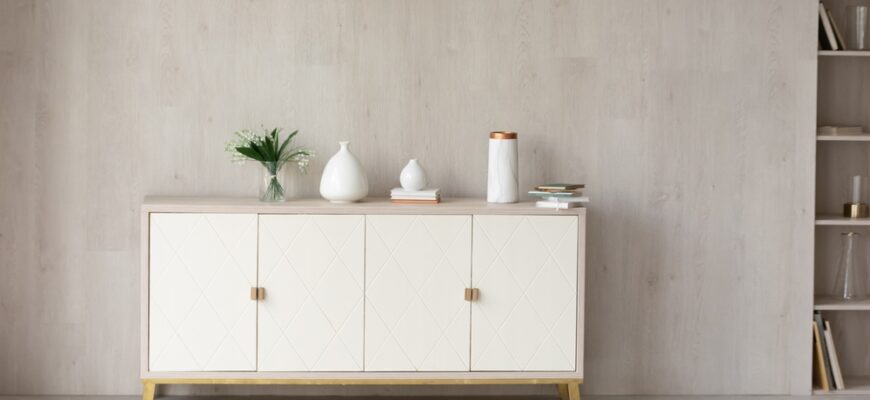 White,Modern,Dresser,Minimalistic,Furniture,In,Empty,Room,On,Grey